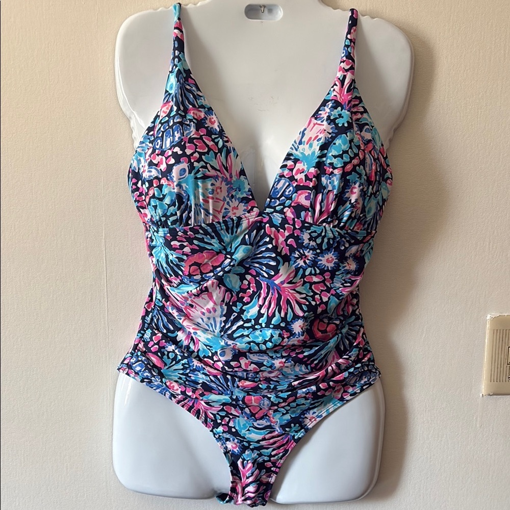 Pink and Blue One Piece Swimsuit with Plunging V-Neckline
